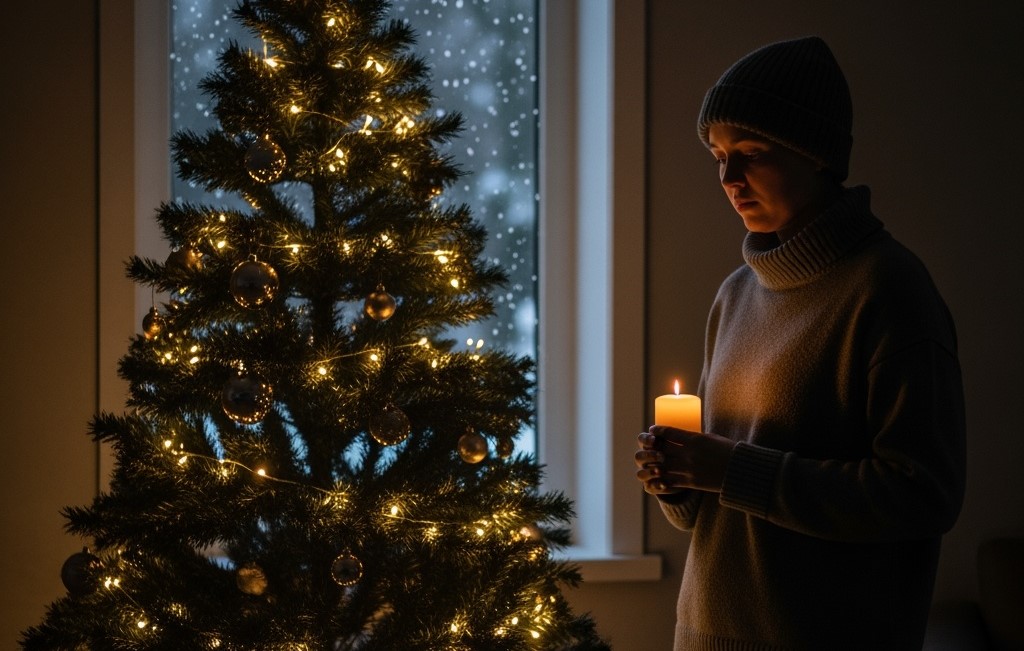 Woman holding candle next to Christmas tree in a dark room
